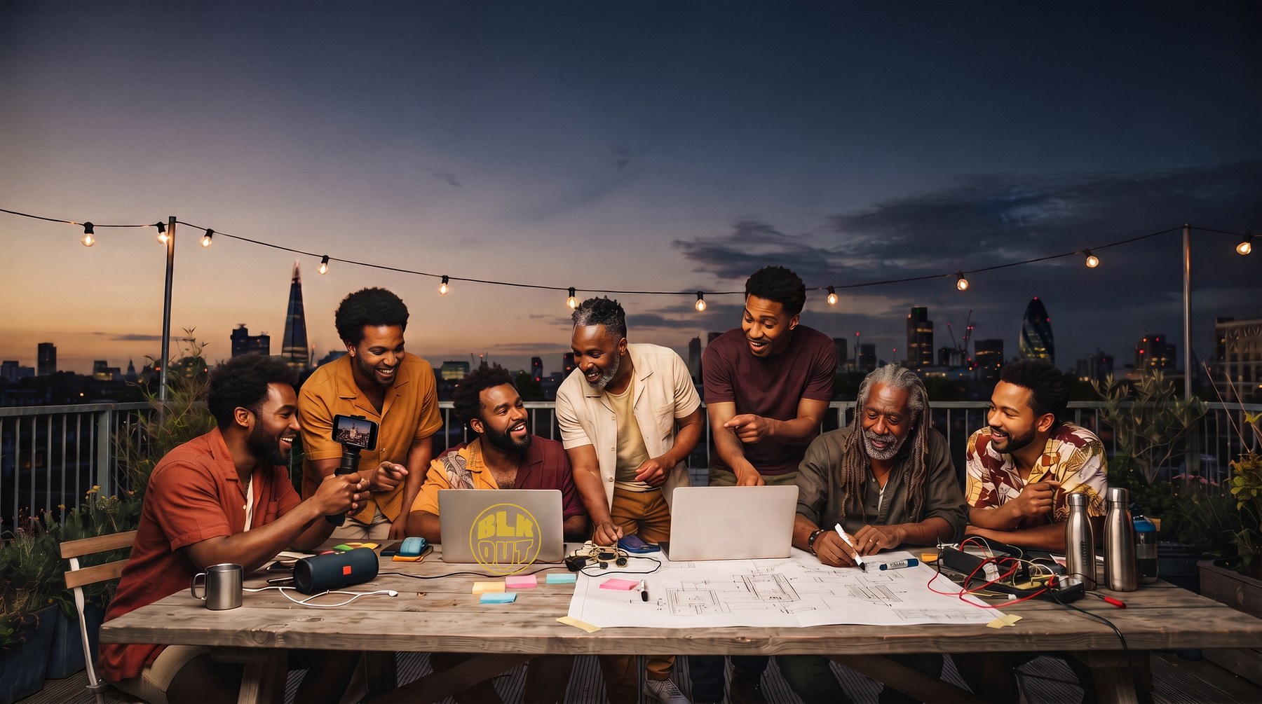 Black men across generations building together around a work table on a London rooftop at dusk — laptops glowing, one sketching, one filming — the city skyline behind them